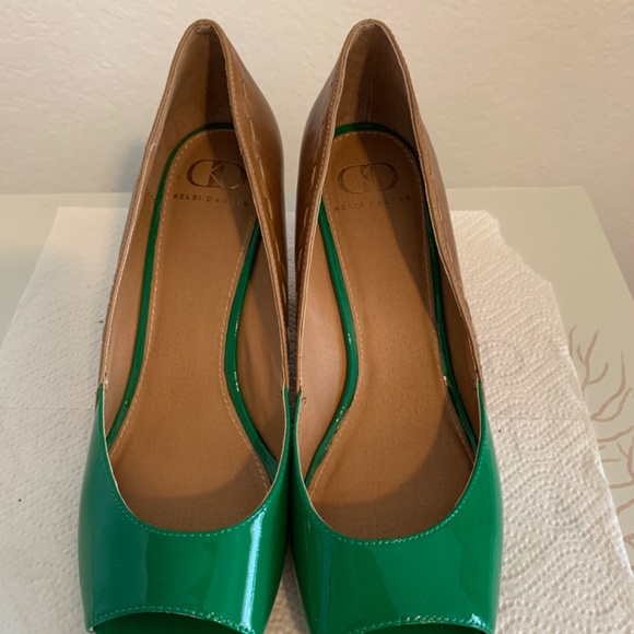 Kelsi Dagger Green and Brown Wedge Shoes with Peep-Toe Design - Picture 10 of 10